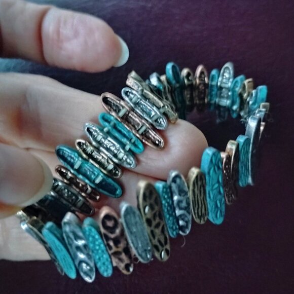 Bracelet Metal Narrow Oval Double holes Beads Tan Bronze Blue 2 Elastic Threads - Picture 8 of 9